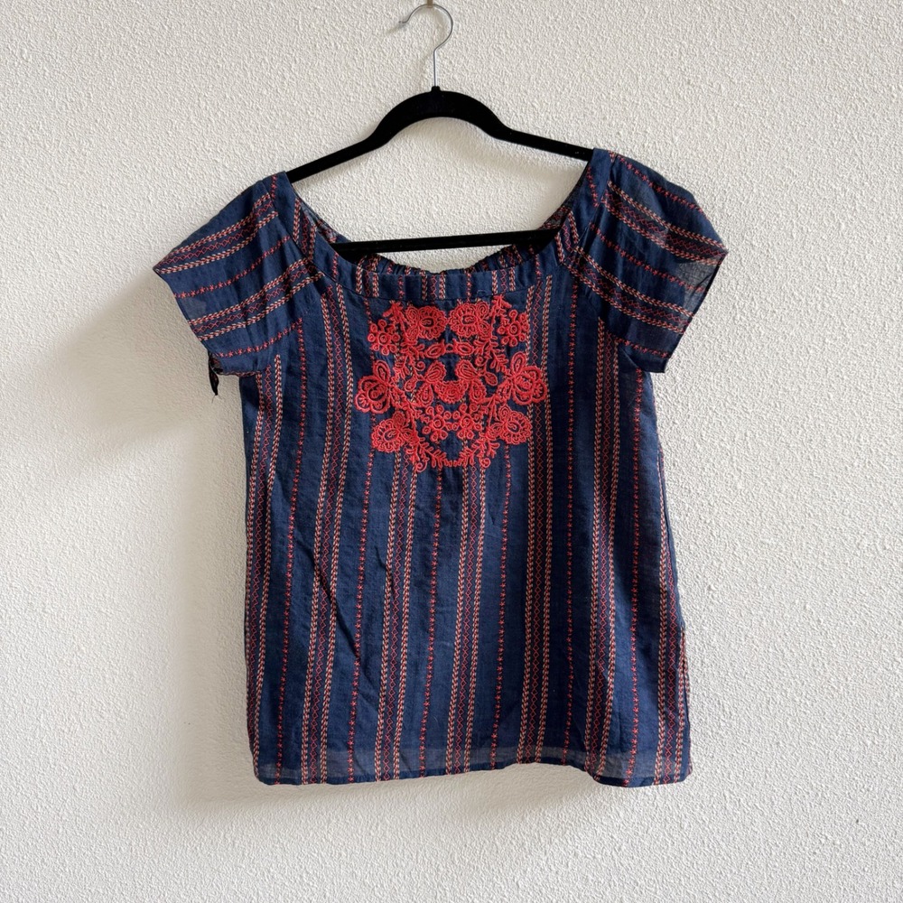 Anthropologie THML Embroidered Blouse Women XS Navy Blue Excellent Boho  Top